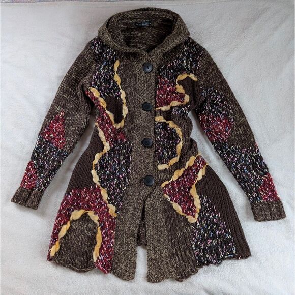 Chunky Knit Hooded Long Cardigan Women's Medium Brown Multicolor Bohemian - Picture 2 of 9